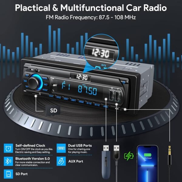 Wistrue RDS Car Radio Bluetooth Hands-free, 9-24V Car Stereo Bluetooth 4 x 65W FM/AM Radio LCD Clock with 7 Colors Lighting, MP3 Player Supports 2 USB/AUX/SD - Image 5
