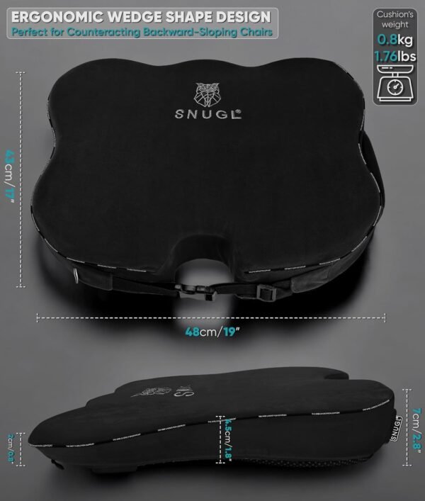 SNUGL Coccyx Wedge Cushion | Dual Straps Chair & Car Seat Cushion Pillow for Sciatica, Tailbone, Lumbar Support & Posture Correction | Memory Foam Office, Wheelchair, Car Seat Wedge with Black Velvet - Image 7
