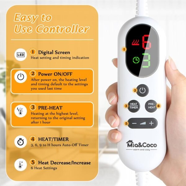 Electric Heating Pad for Back Pain Relief, Neck and Shoulders (60x100cm) Fast-Heat Heated Warmer with Waist Strap, 6 Heat Levels, Auto-Off Timer, Mia&Coco - Comfort Grey - Image 3