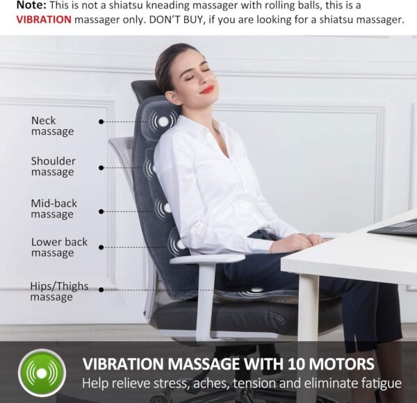 Snailax Massage Seat with 2 Heat Levels, Extra Memory Foam Cushion with 10 Vibration Massage Motors, Back Support Pad in Neck and Lumbar, Back Massage Chair, Gifts for Men - Image 3