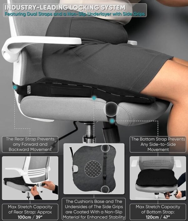 SNUGL Coccyx Wedge Cushion | Dual Straps Chair & Car Seat Cushion Pillow for Sciatica, Tailbone, Lumbar Support & Posture Correction | Memory Foam Office, Wheelchair, Car Seat Wedge with Black Velvet - Image 5
