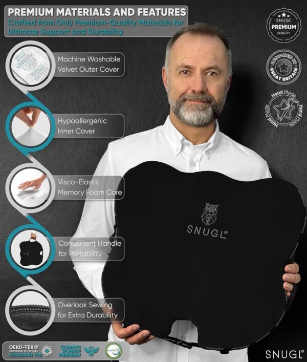 SNUGL Coccyx Wedge Cushion | Dual Straps Chair & Car Seat Cushion Pillow for Sciatica, Tailbone, Lumbar Support & Posture Correction | Memory Foam Office, Wheelchair, Car Seat Wedge with Black Velvet - Image 3