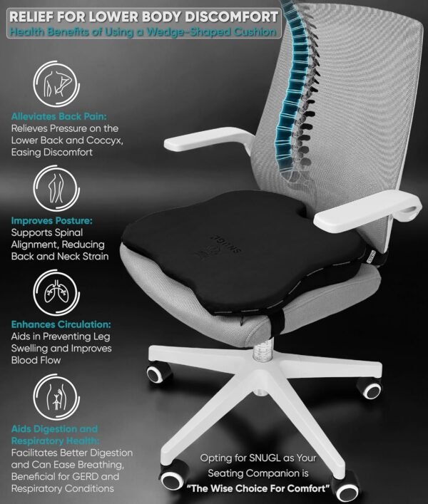 SNUGL Coccyx Wedge Cushion | Dual Straps Chair & Car Seat Cushion Pillow for Sciatica, Tailbone, Lumbar Support & Posture Correction | Memory Foam Office, Wheelchair, Car Seat Wedge with Black Velvet - Image 4
