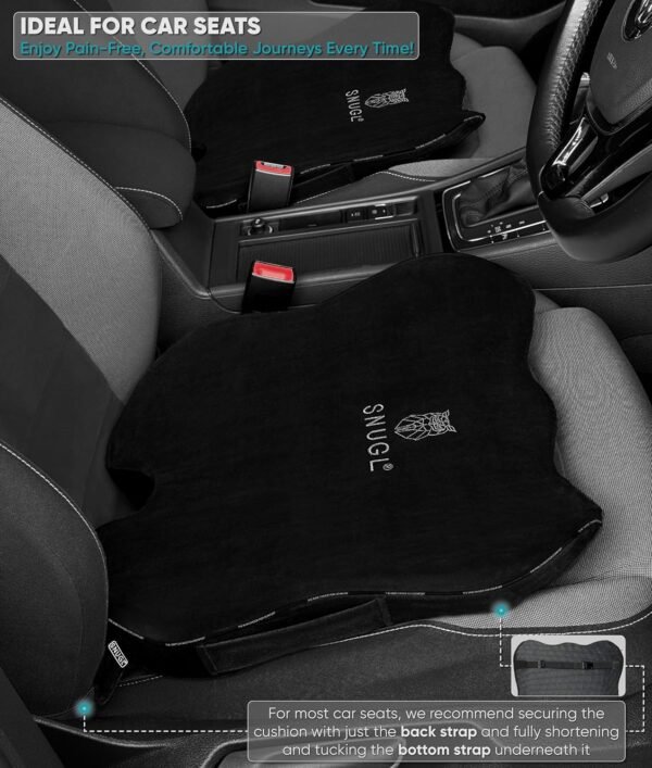 SNUGL Coccyx Wedge Cushion | Dual Straps Chair & Car Seat Cushion Pillow for Sciatica, Tailbone, Lumbar Support & Posture Correction | Memory Foam Office, Wheelchair, Car Seat Wedge with Black Velvet - Image 6