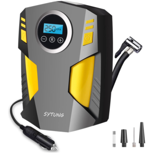 SYTUNG Digital Tyre Inflator, Portable Air Compressor Car Tyre Pump with 3 Nozzle Adaptors and Digital LED Light, 12V Rapid Tyre Inflator Air Compressor for Car Tires and Other (Yellow)